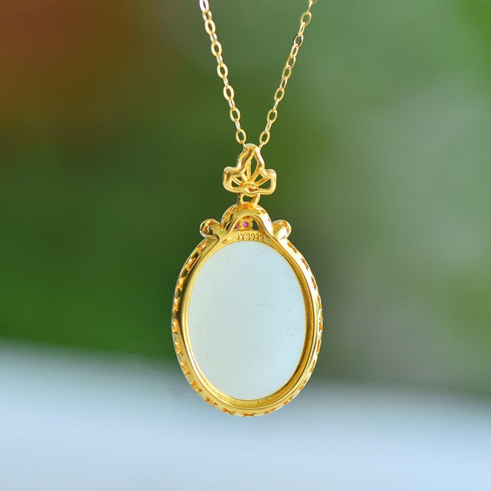 Natural Hotan Jade S925 Silver Inlaid Blue White Jade Egg Shaped Pendant Necklace