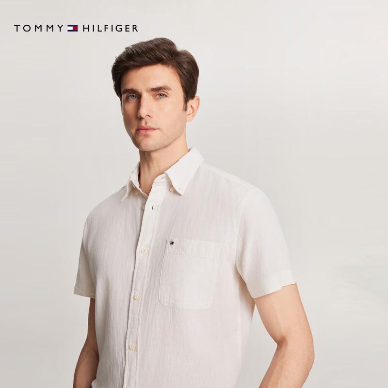 Tommy Hilfiger Мужская повседневная рубашка с коротким рукавом из смесовой ткани хлопка и льна