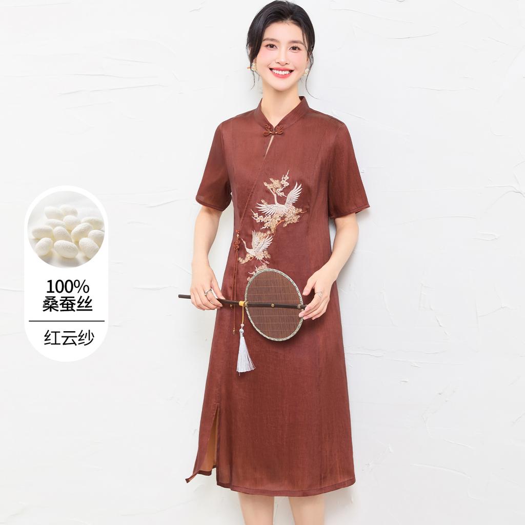 Red Cloud Silk Cheongsam Dress