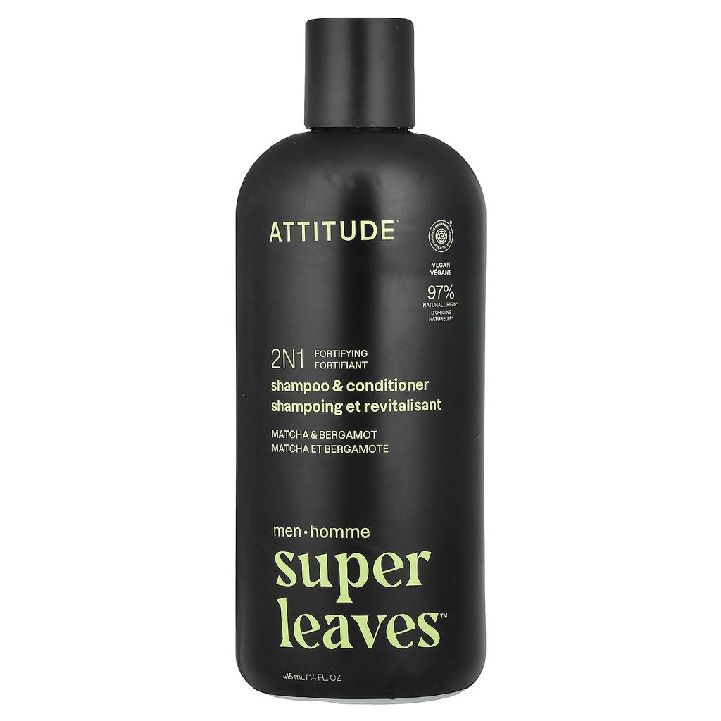 ATTITUDE Super Leaves™, 2N1 Fortifying Shampoo & Conditioner, Men, Matcha & Bergamot, 14 Fl Oz (415 Ml)