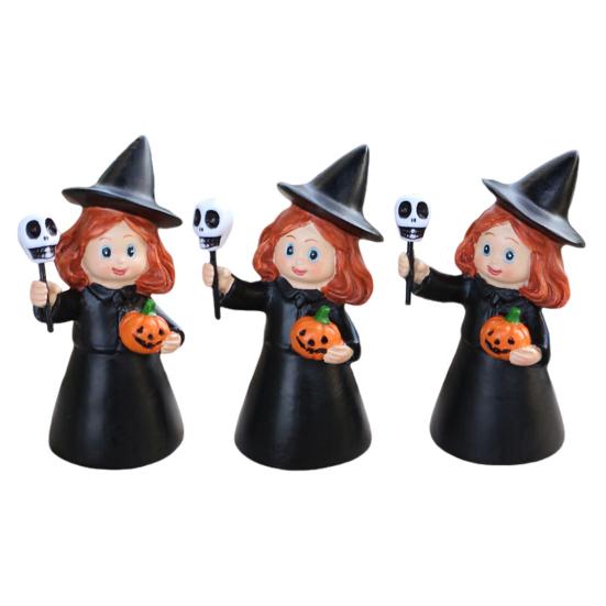 3Pcs Halloween Witch Figurine Holding Skull Pumpkin Cartoon Witch Resin Statue Sculpture Home Office Holiday Party Decoration Ornament