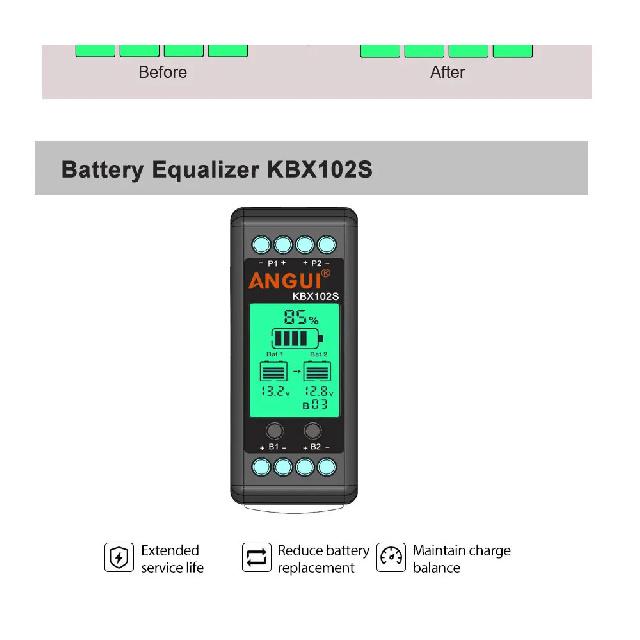 ANGUI KBX102S PNE PLC12V 24V Выравниватель аккумуляторов Монитор аккумуляторов Активный балансир Дисплей напряжения Свинцово-кислотные Li-ion Подключение последовательно