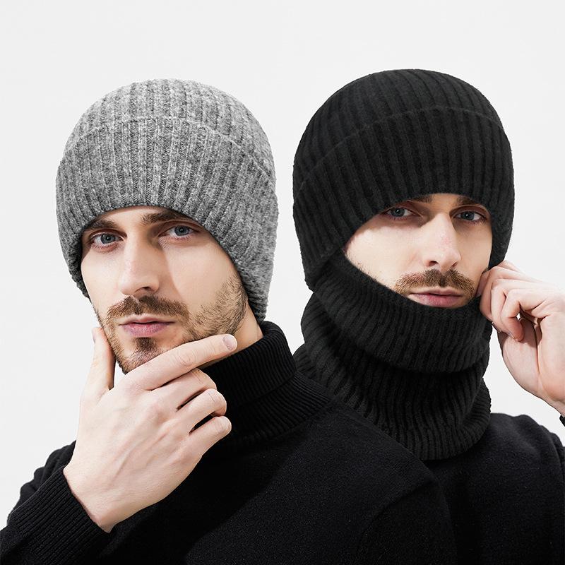 Зимняя шерстяная теплая вязаная шапка Мужская уличная ветрозащитная холодостойкая флисовая манишка Комплект из двух предметов шерстяная шапка