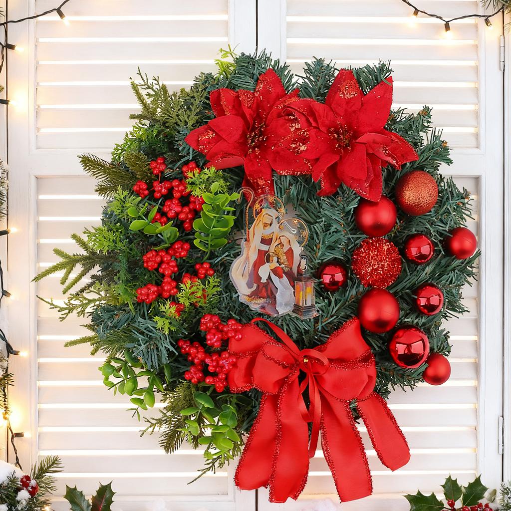 Рождественский венок с огнями, красный бант, праздничные украшения для двери, для окна, для крыльца, для помещения, для улицы, украшение для праздничной сцены
