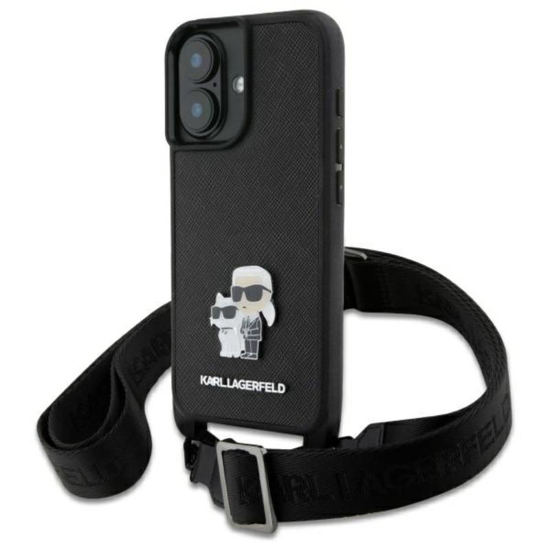 Karl Lagerfeld Saffiano Karl & Choupette Metal Pin Cbdy Strap - Etui Iphone 16 (Czarny)