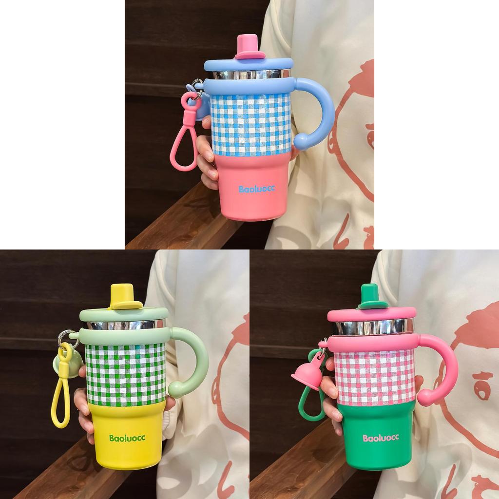 Plaid 600ml Stainless Steel Coffee Cup With Handle And Leakproof Lid For Commuting
