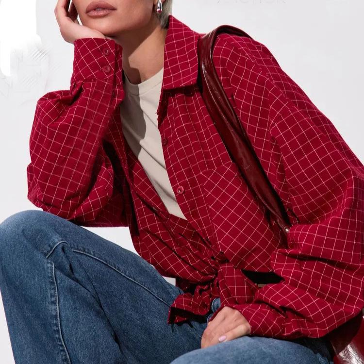 2026 Новая женская клетчатая рубашка с длинным рукавом свободного кроя большого размера - Повседневный и деловой стиль