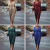 Women Dress Irregular Slit Hem High Waist Pleated Long Puff Sleeves Solid Color V Neck Formal Party Banquet Maxi Dress