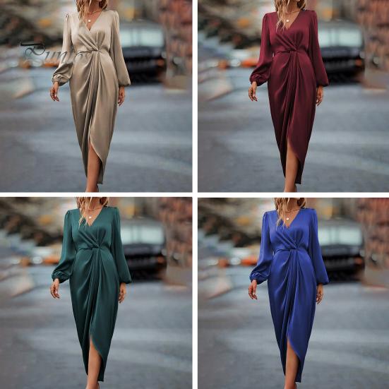 Women Dress Irregular Slit Hem High Waist Pleated Long Puff Sleeves Solid Color V Neck Formal Party Banquet Maxi Dress
