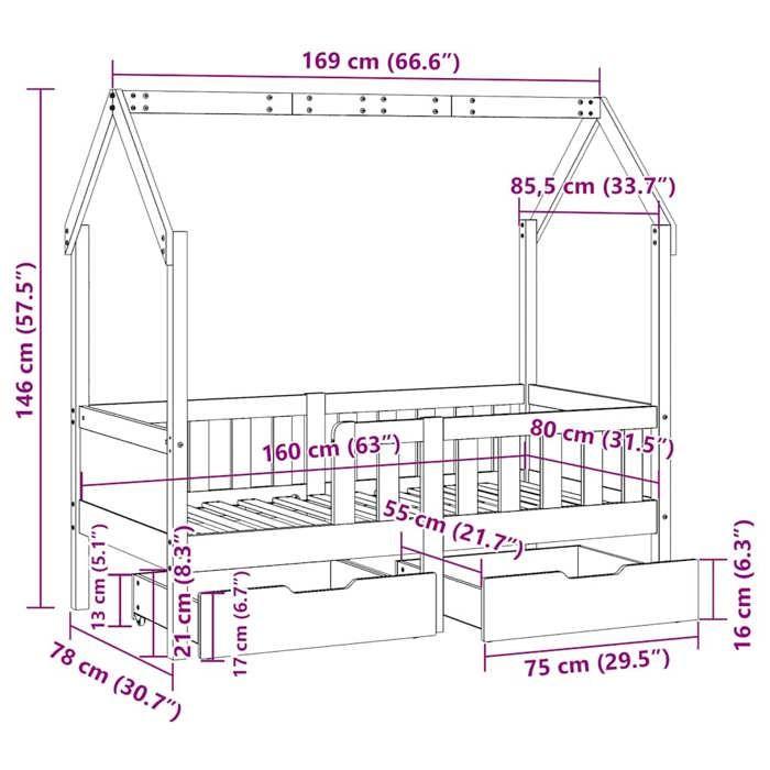 VidaXL Cadre de lit pour enfant et tiroirs 80x160cm bois de pin massif, lit pour enfant, lit simple pour enfant, lit maison 3302041
