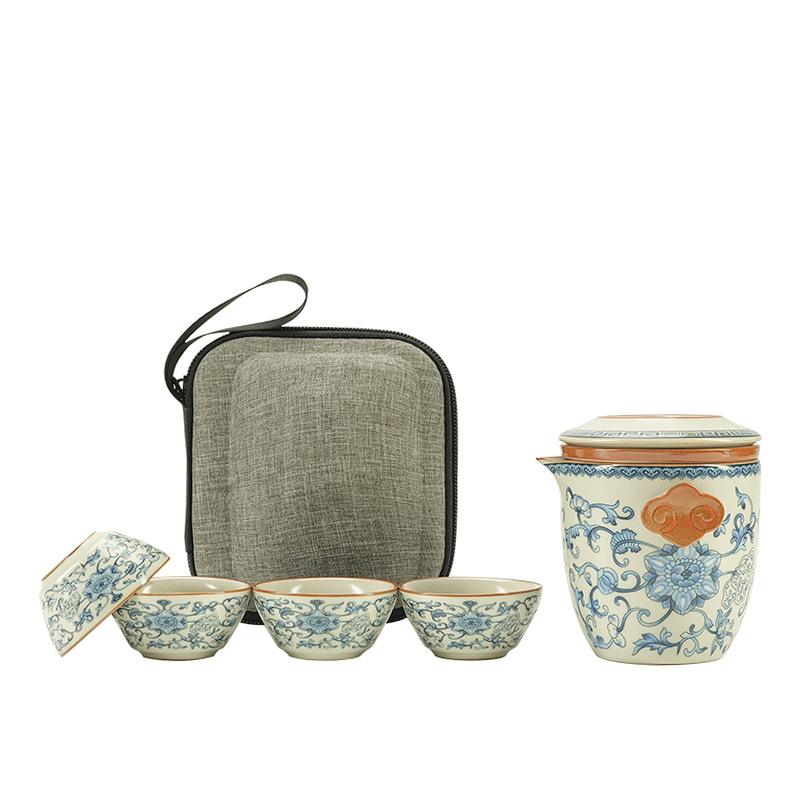 Light luxury Ru kiln travel tea set Portable outdoor ceramic one pot and two cups teapot for one person to drink and make tea