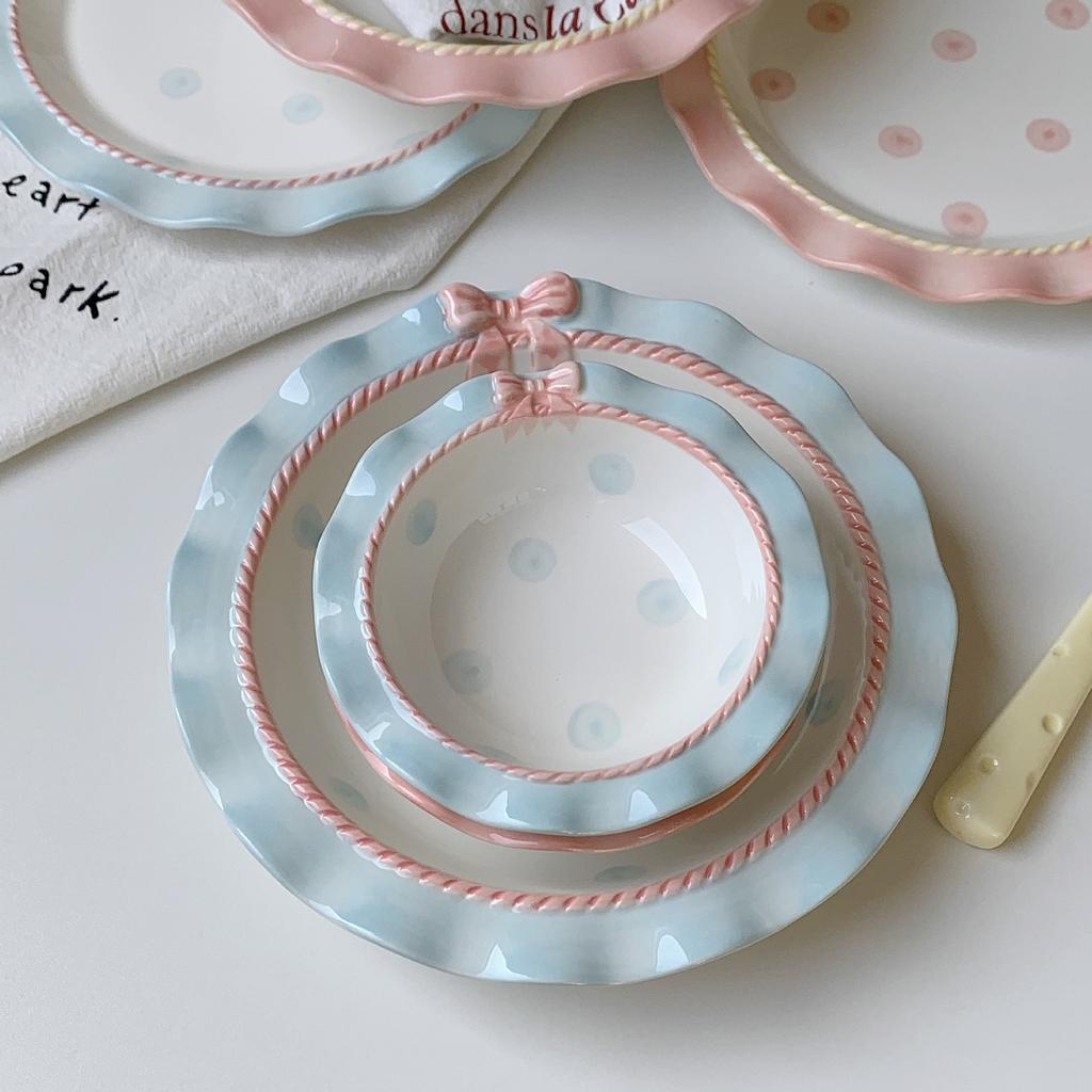 INS Style Korean Style Girl Heart Pink Ceramic Tableware Set Polka Dot Bow Cute Small Bowl Rice Bowl Deep Plates Cute Plates