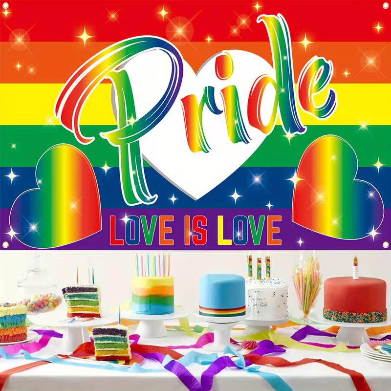 2D Glitter Rainbow Pride Banner, "Pride Love Is Love" Backdrop, Pride Festival Party Decor