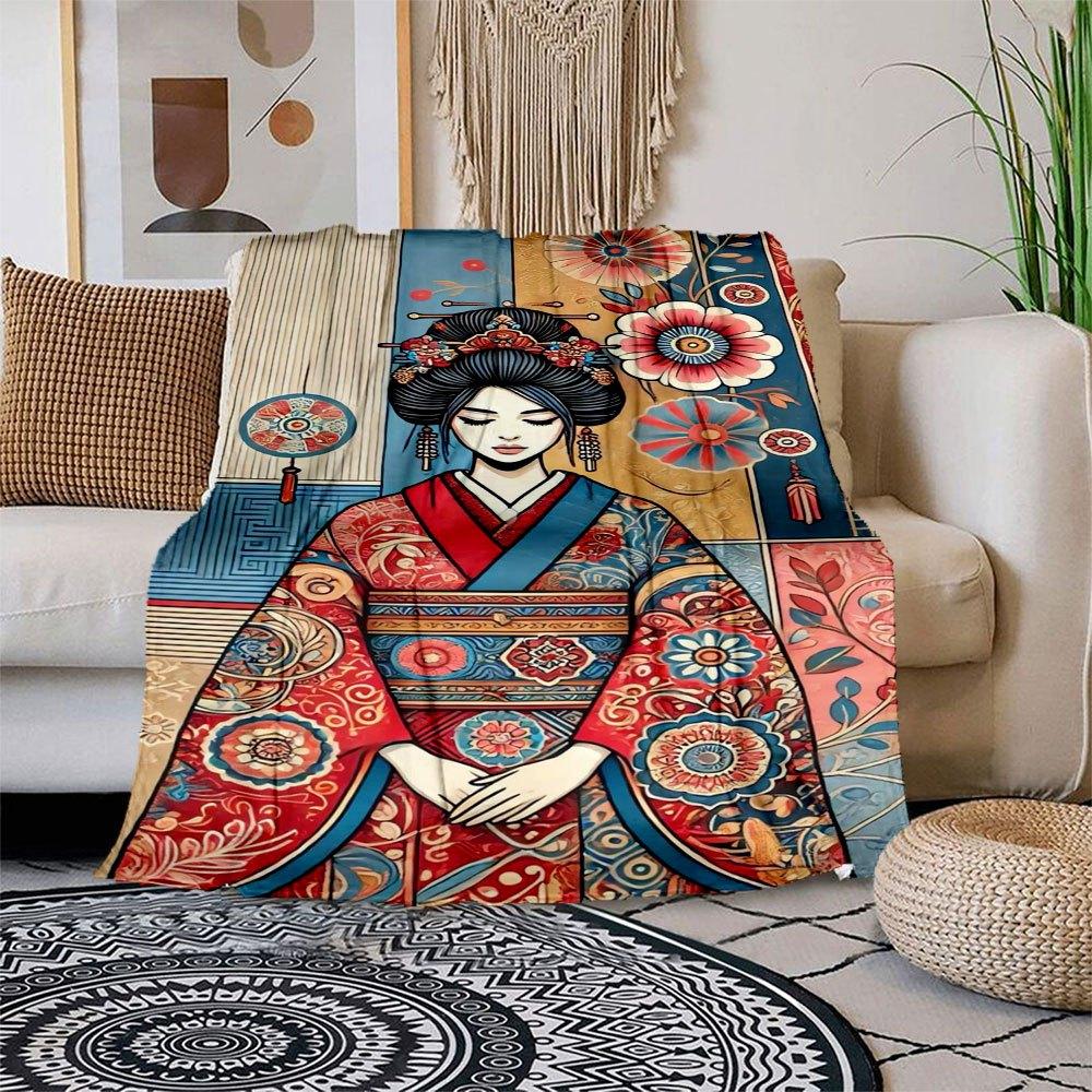 "Japanese Geisha Kimono with Floral Patterns"Blanket Flannel Throw Blanket for Sofa, Bed, Travel, Camping, Office, Couch, Chair, And Bed Gif