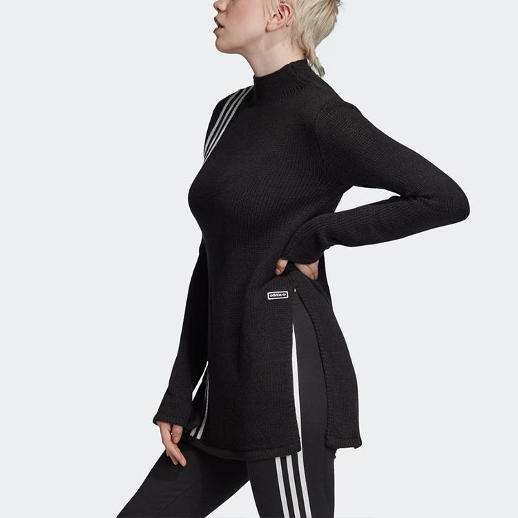adidas Оригинальный вязаный свитер Adidas с тремя полосками, боковой разрез, круглый вырез, пуловер, женский свитер, черный FN2794
