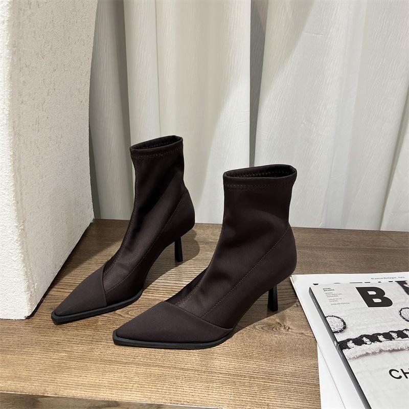 Осень-зима 2025 остроносые эластичные ботильоны на тонком каблуке, ботильоны средней длины, ботинки Мартина, матовые на высоком каблуке, повседневные короткие ботильоны