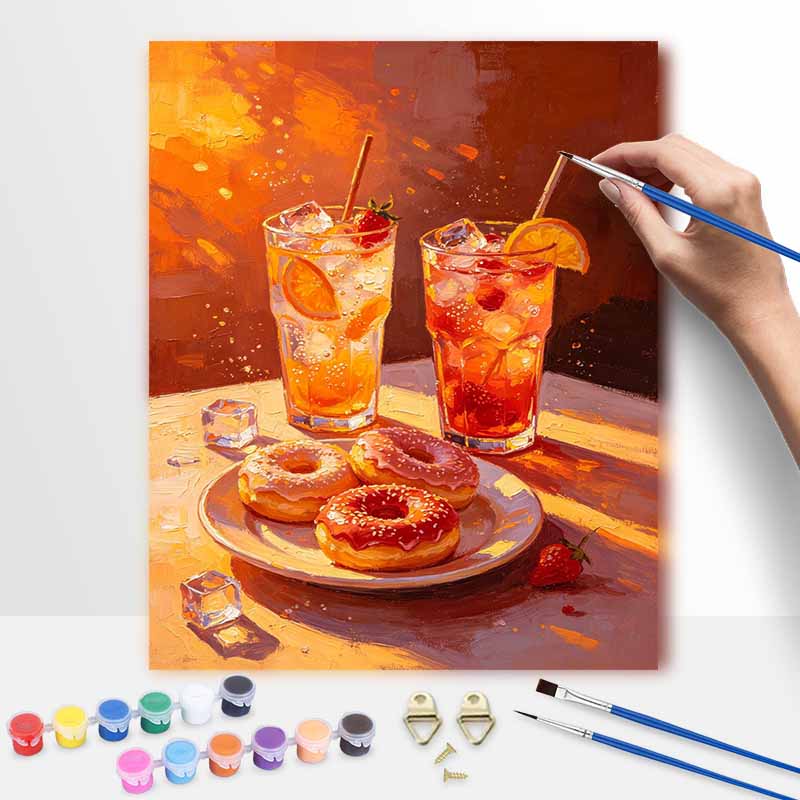 Oil painting digital painting kit handmade diy painting home decoration painting.Summer cocktail drinks.Strawberry donuts.Food art.