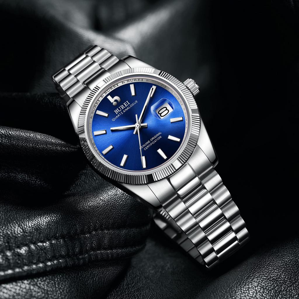 Часы водонепроницаемые брендовые кварцевые аналоговые часы простые популярные деловые модные серебристо-синие светящиеся часы подарок на день рождения [BUREI] мужские
