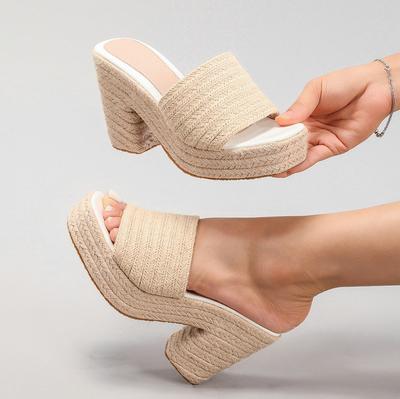Модные женские сандалии на танкетке из пеньковой веревки, на толстой подошве, плетеные из соломенной веревки, с одним ремешком, летние, водонепроницаемые, на платформе, на высоком каблуке