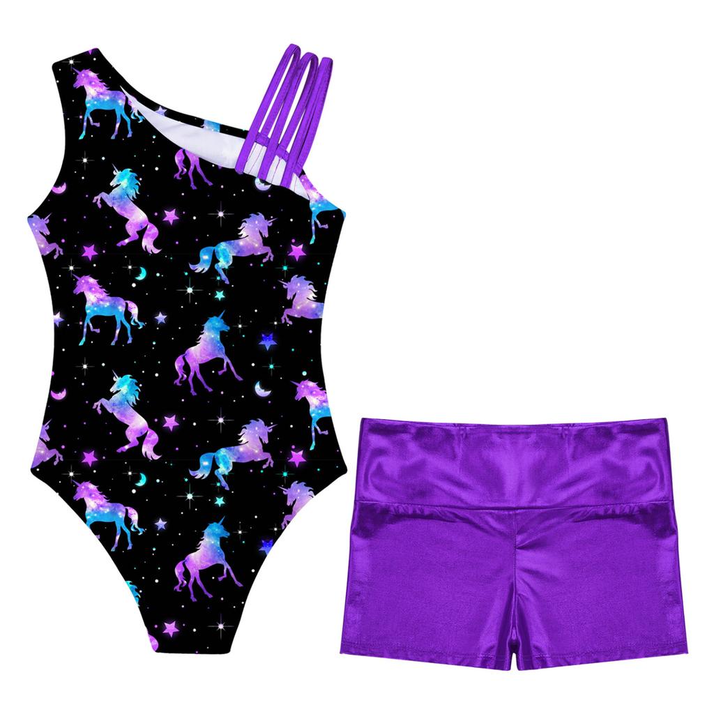 Детские гимнастические купальники без рукавов с асимметричными бретелями и шортами для девочек, спортивные танцевальные велосипедки