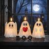 Halloween Ghost Decoration Flameless Candle, Cute Holding BOO Letter Tealight, Small Desk Glow Props Battery Operated LED Flickering Light for