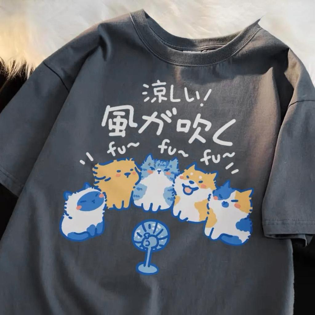 Женские хлопковые футболки Street Creative Blow Fan Cat Printing Tees Летние свободные топы с круглым вырезом Модная повседневная женская одежда