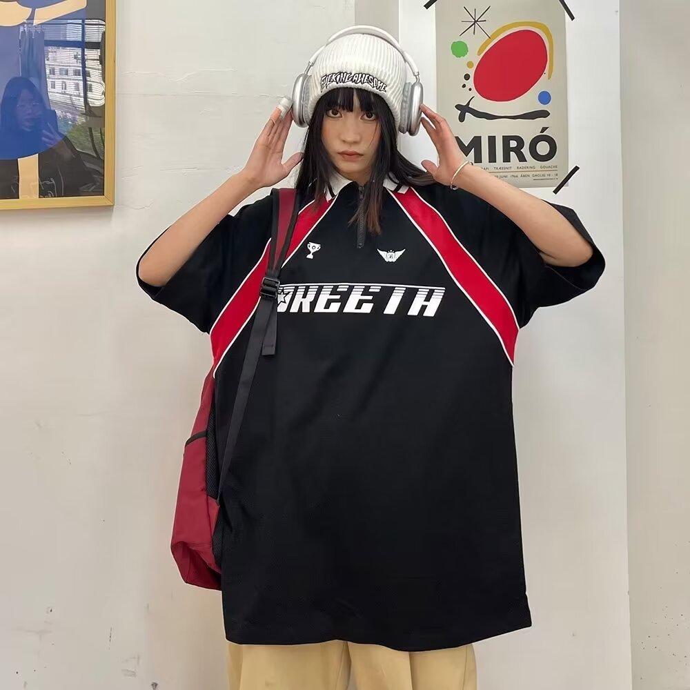 Винтажный лоскутный топ с буквами в американском стиле, рубашка с короткими рукавами и короткими рукавами, женская футболка-поло, летняя свободная одежда