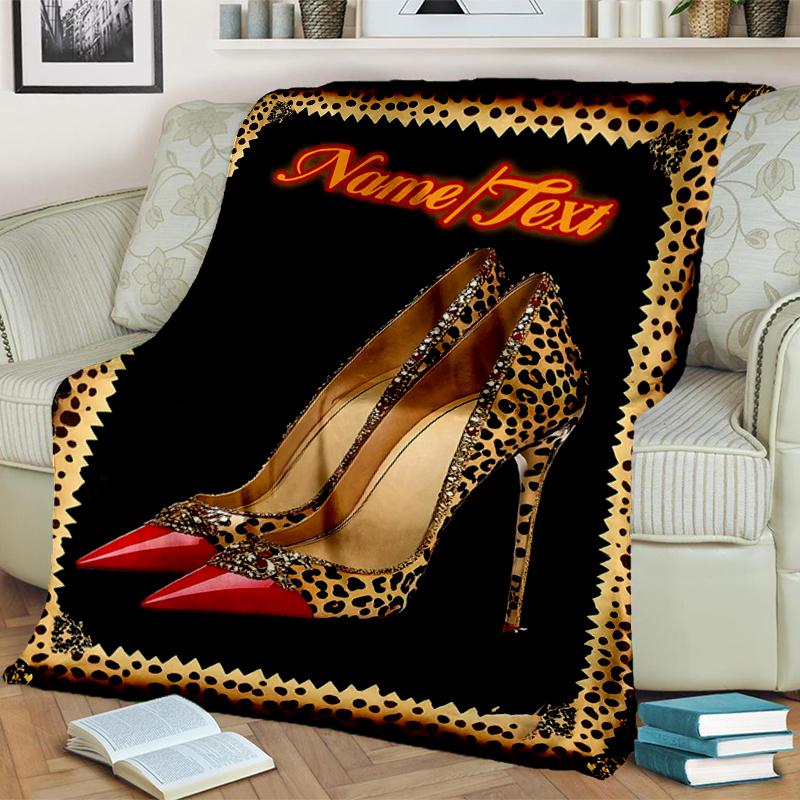 1PC Custom Name Luxury Leopard Heels outdooor Flannel blankets Throw Blanket All-Season Throw Gift Bedspread for Couch, Bed, Camping Holiday Birthday