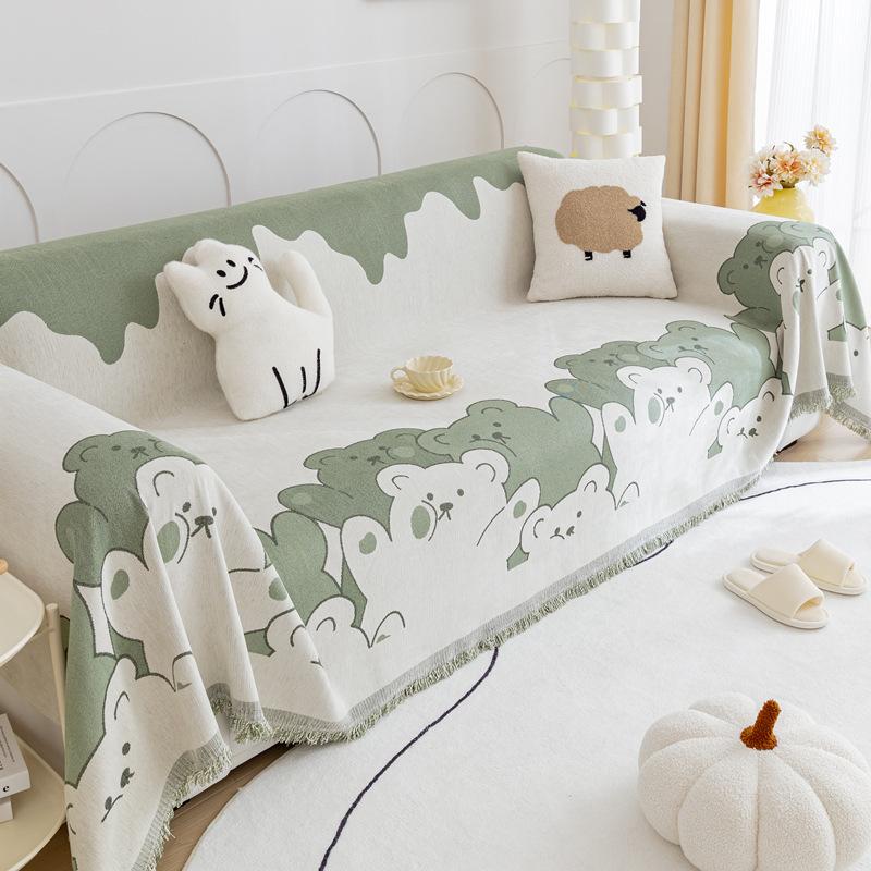 Полотенце для дивана с мультяшным медведем и кисточкой, нескользящий чехол для гостиной, универсальная удобная пылезащитная подушка, можно стирать в машине