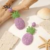 Three-dimensional Pineapple Earrings 1 Pair Handmade Raffia for Women, Boho Straw Hand-Woven Summer Beach Skirt Jewelry Dangle Earrings, Natural