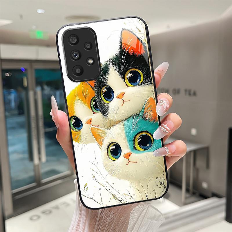Cute Cartoon Cats Flower Case For Samsung Galaxy A52 A52S A72 4G 5G Tempered Glass Phone Case Protective Back Cover Hard Shell