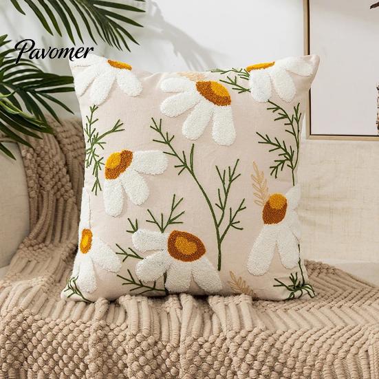Embroidered Cushion Cases for Sofa Farmhouse Floral Cover, 3D Flower Embroidery Throw Pillow Decorative Square Bedroom Case Living Room Couch Bedroom,