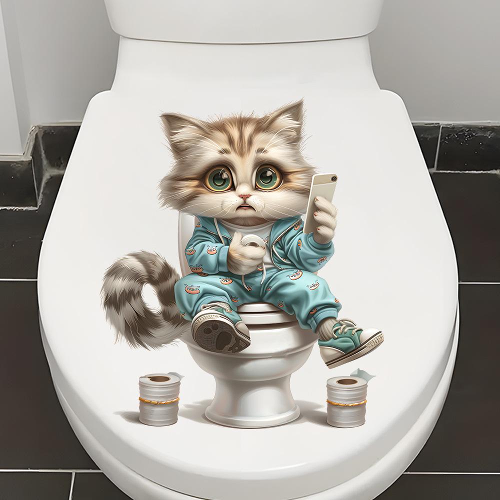 Смешная Кошка Играет в Телефон Туалетная Наклейка Самоклеящаяся Водонепроницаемая Декор для Ванной
