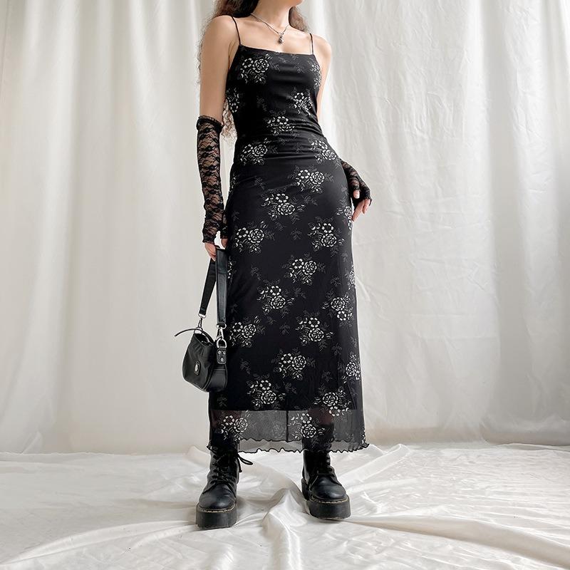 Y2K Retro Fashion Strap Printing Summer Maxi Dress Women Fairycore Grunge Chic Party Long Mesh Dresses Gothic Clothes