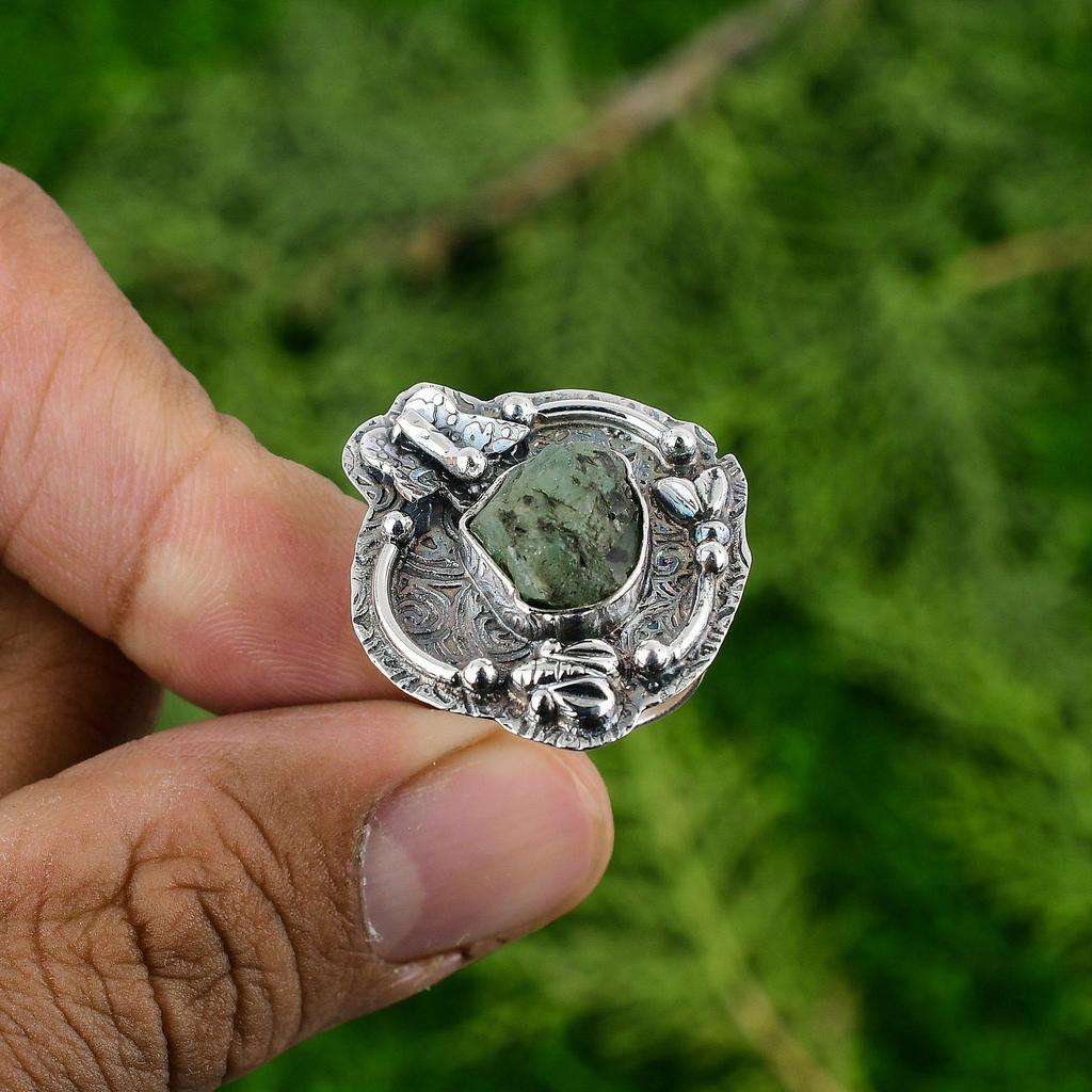 Сделка ко Дню матери Хризопраз Необработанный камень Кольцо с безелем-обещанием Серебро 925 пробы