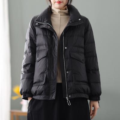 Пуховик женский зимний литературный темперамент повседневный воротник стойка теплый свободный белый утиный пух короткое утолщенное пальто