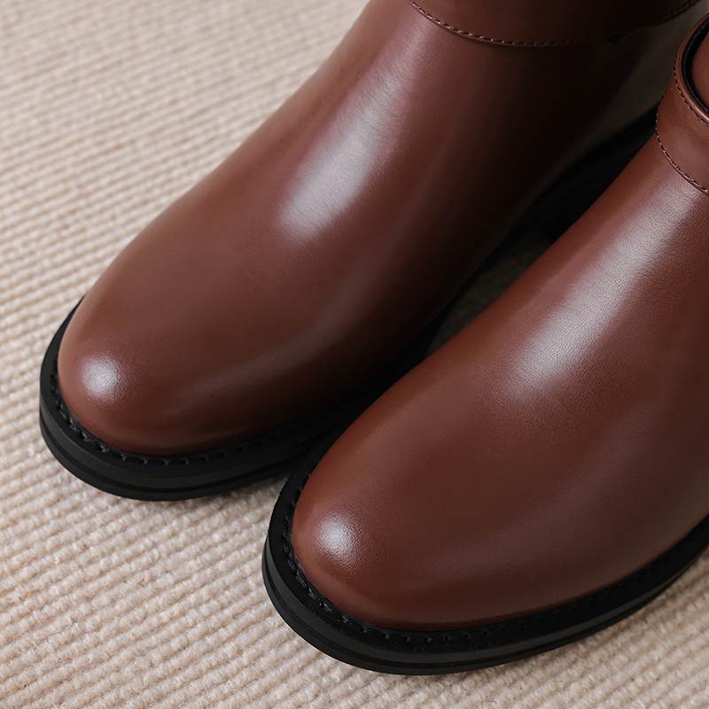 Krazing Pot Cow Skin Autumn Winter Shoes Riding Boots Round Toe Keep Warm Metal Square Buckle Med Heels Thigh High Boots