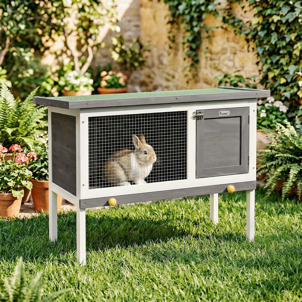 Wooden Rabbit Hutch, Guinea Pig Hutch with Asphalt Roof, Outdoor Elevated Bunny House for Rabbits, Chinchillas
