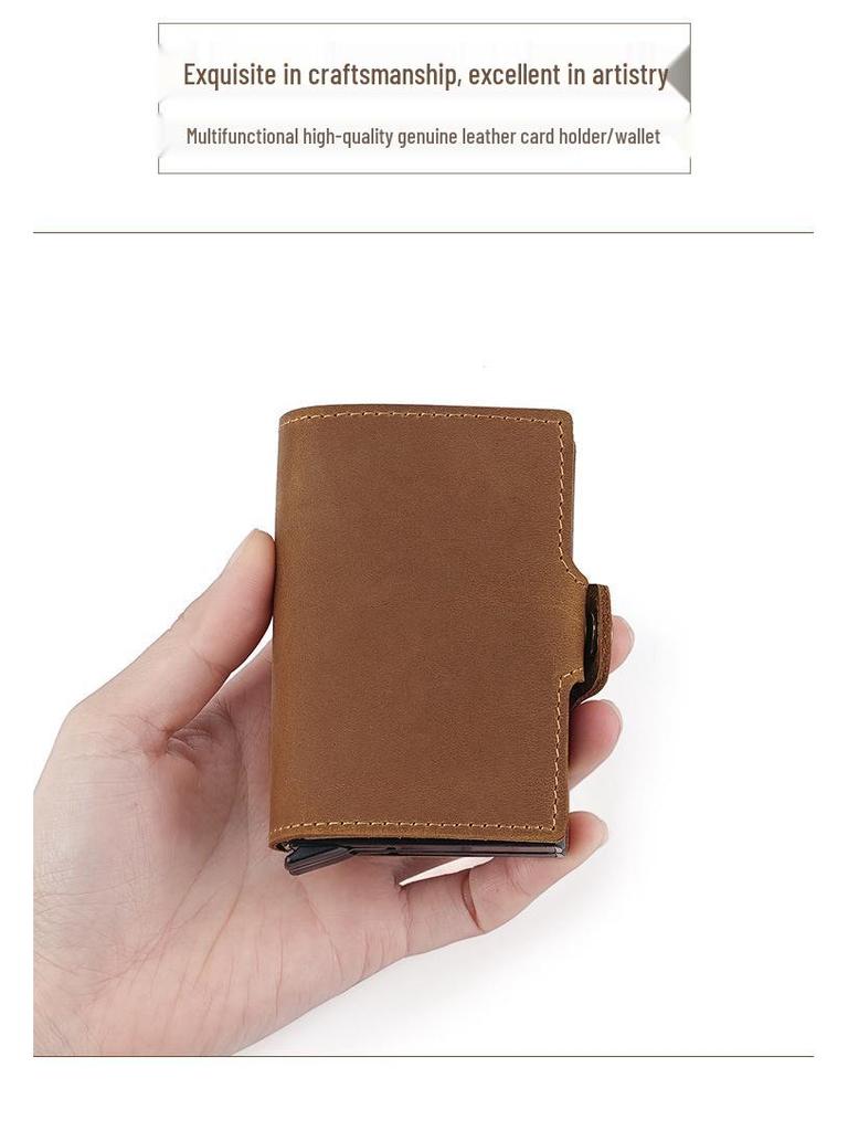 Винтажный 2025 Мужской Двухслойный Картхолдер из Кожи Crazy Horse с Выдвижным Механизмом на Кнопке и Алюминиевой Клипсой