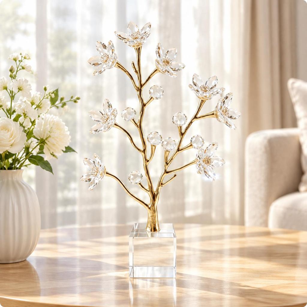 Crystal Blossom Tree Presentable Gold-Tone Metal with Square Base