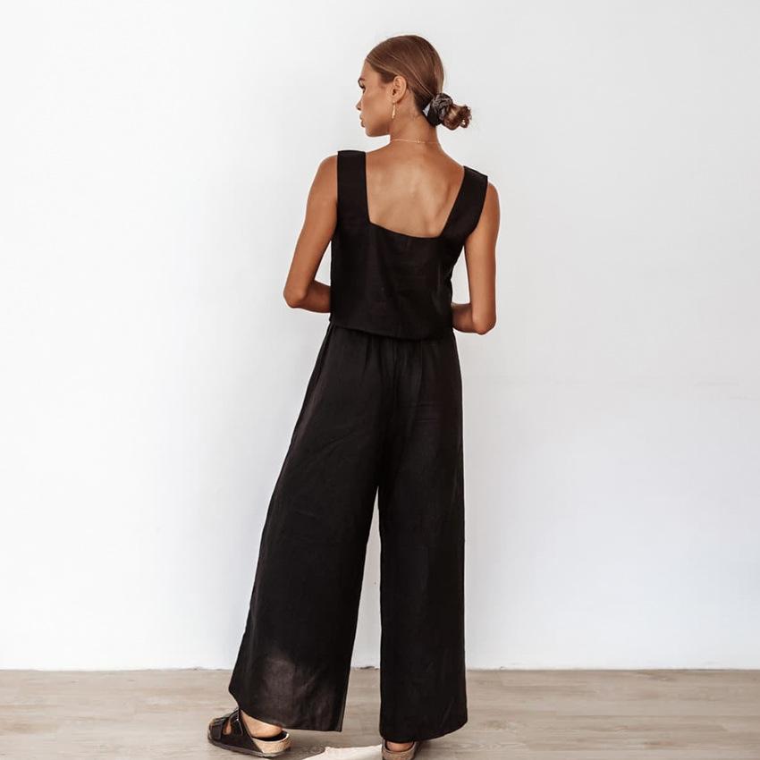 1116 Summer New French Loose Casual Wide Leg Pants Square Neck Vest Women's Casual Cotton and Linen Suit