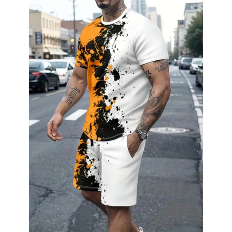 Men's Suit Casual Simple Pattern Printing T-shirt Hawaiian Casual Vacation T-shirt Two Piece Quick Drying Short Sleeved Men Set