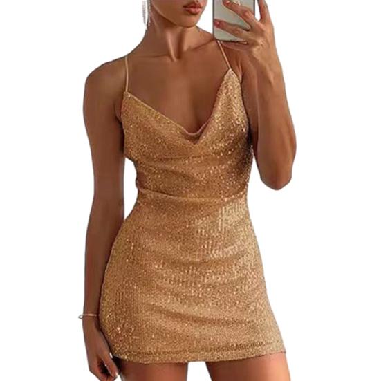 Женское платье с v-образным вырезом на тонких бретельках, блестящие блестки, открытая спина, мягкое облегающее платье без рукавов длиной выше колена, вечерние клубное мини-платье