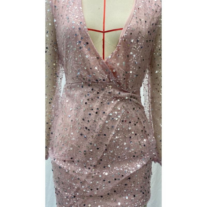 Женские летние короткие платья с длинными рукавами и v-образным вырезом и пайетками на талии