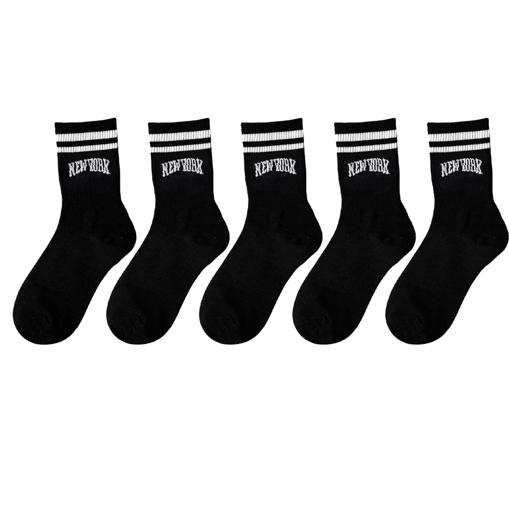 3/5/10 Pairs Women's Crew Socks, Black with "New York" Lettering and Stripes, Comfortable, Breathable, Moisture-Wicking, College