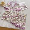 Женский летний комплект пижамных шорт из искусственного шелка, повседневный женский топ с коротким рукавом и шорты, домашняя одежда, комплект пижам с цветочным принтом и искусственными пятнами