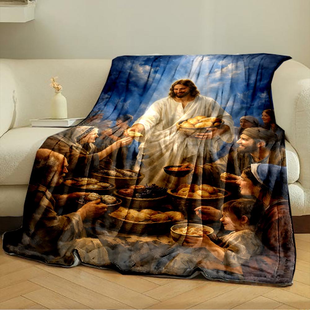 "Jesus Distributing Bread Illustration Blanket"Flannel blanket for bedroom, living room, sofa, and nap