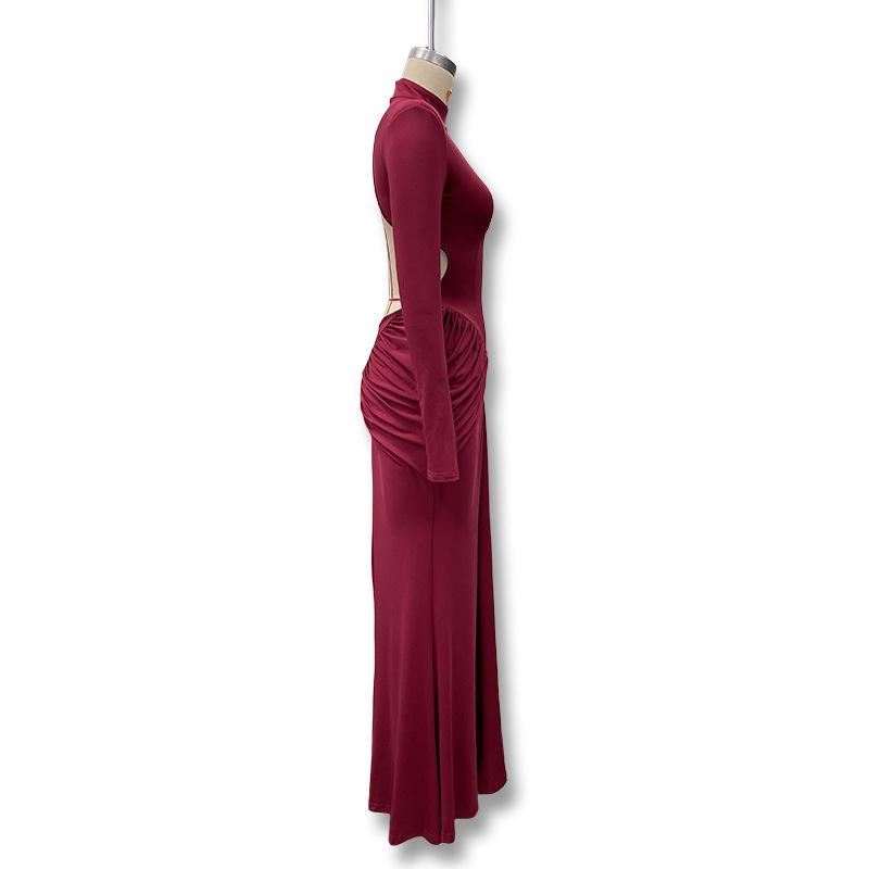 Европейско-американское осеннее облегающее платье с высоким воротником, драпировкой на спине и открытой спиной для женщин 2025