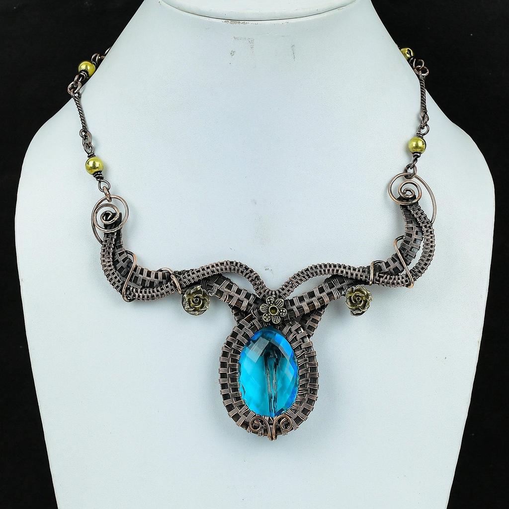 Blue Topaz  Necklace Handmade Jewelry, 999 Copper Wire Wrapped Necklace Designer Gemstone Jewelry Adjustable Chain Necklace Gift For Mom