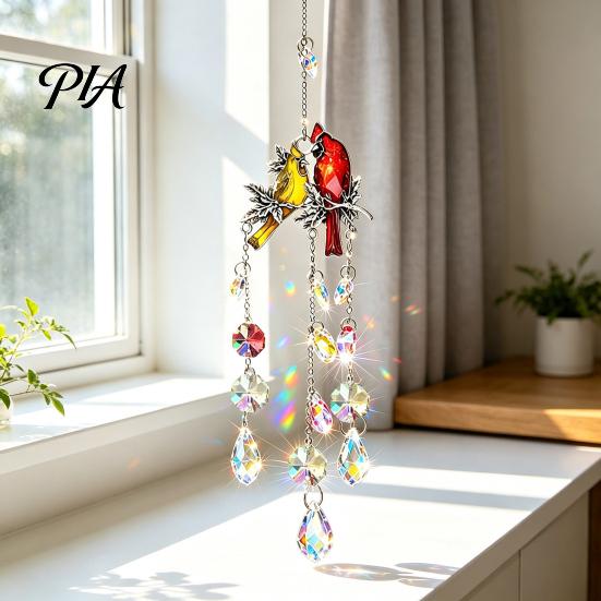 Indoor Outdoor Hanging Decor Cardinals Faux Crystals Suncatcher, Sun Catcher for Windows, Bird Wind Glass Patio Chimes with Chain, Prism Rainbow Maker